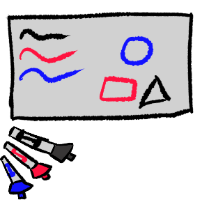  a whiteboard with shapes and scribbles in black blue and red, underneath that is 3 markers in blue black and red